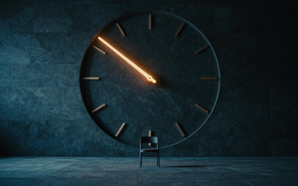 An enormous plain unmarked stone dial with one bar of light, and an empty chair.