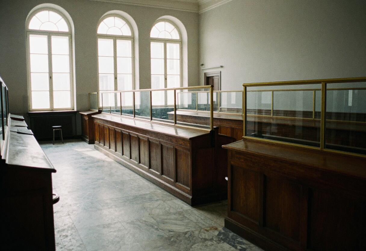A bank counting hall before the doors open, photographed for this letter. Muted, empty, and about to price someone's debt.