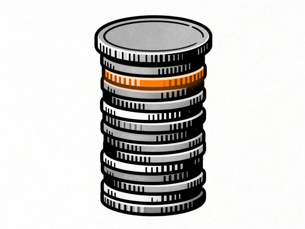 A neat stack of coins with a steel plate pressed down on top so no further coin can be added, one coin glowing orange