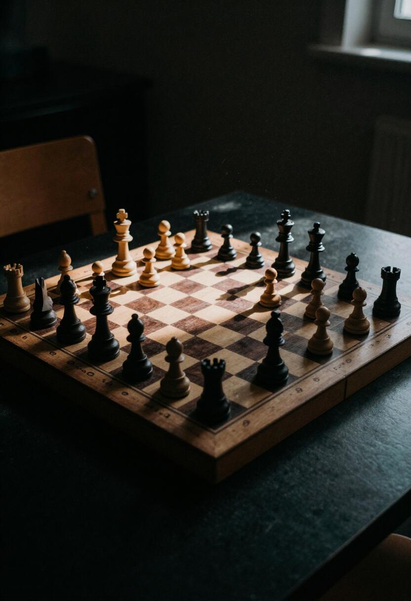 A chessboard mid-game, the near half in a hard cone of light, the far half black