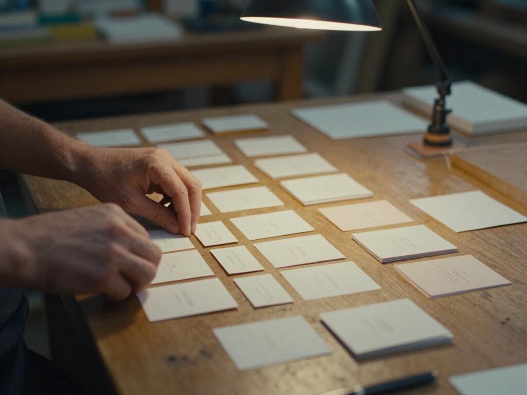 Hands laying out blank index cards in careful order on a workbench under a single lamp.