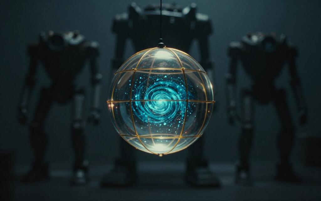A glass sphere of glowing particles held inside a delicate cage of golden light.