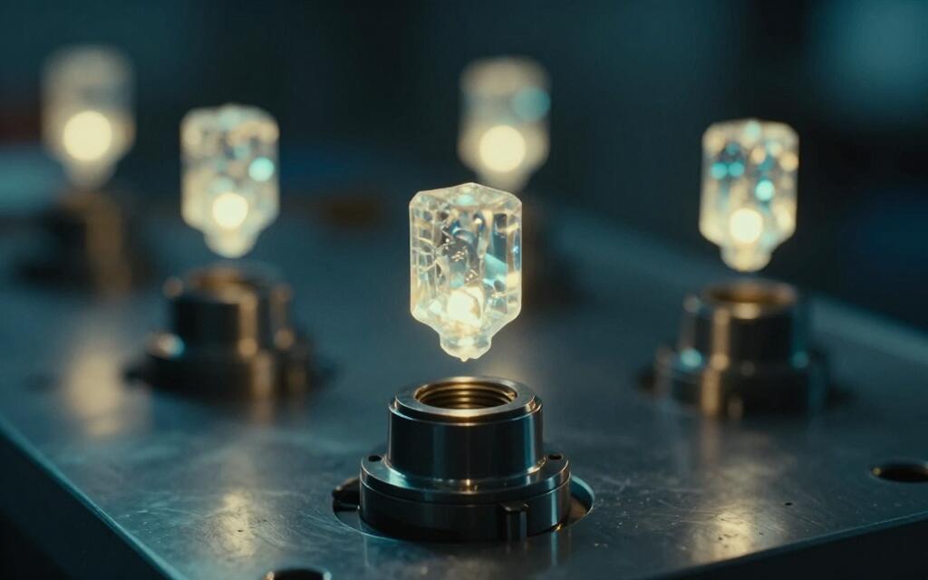 A glowing crystalline module lowered into a machined socket, others floating behind.