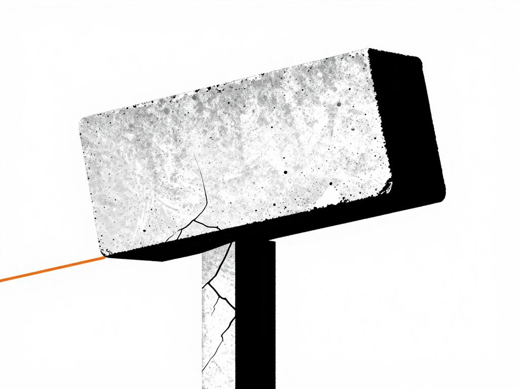 A single enormous concrete block balanced on one thin cracked pillar, chips already falling away, the load point marked by a thin orange line