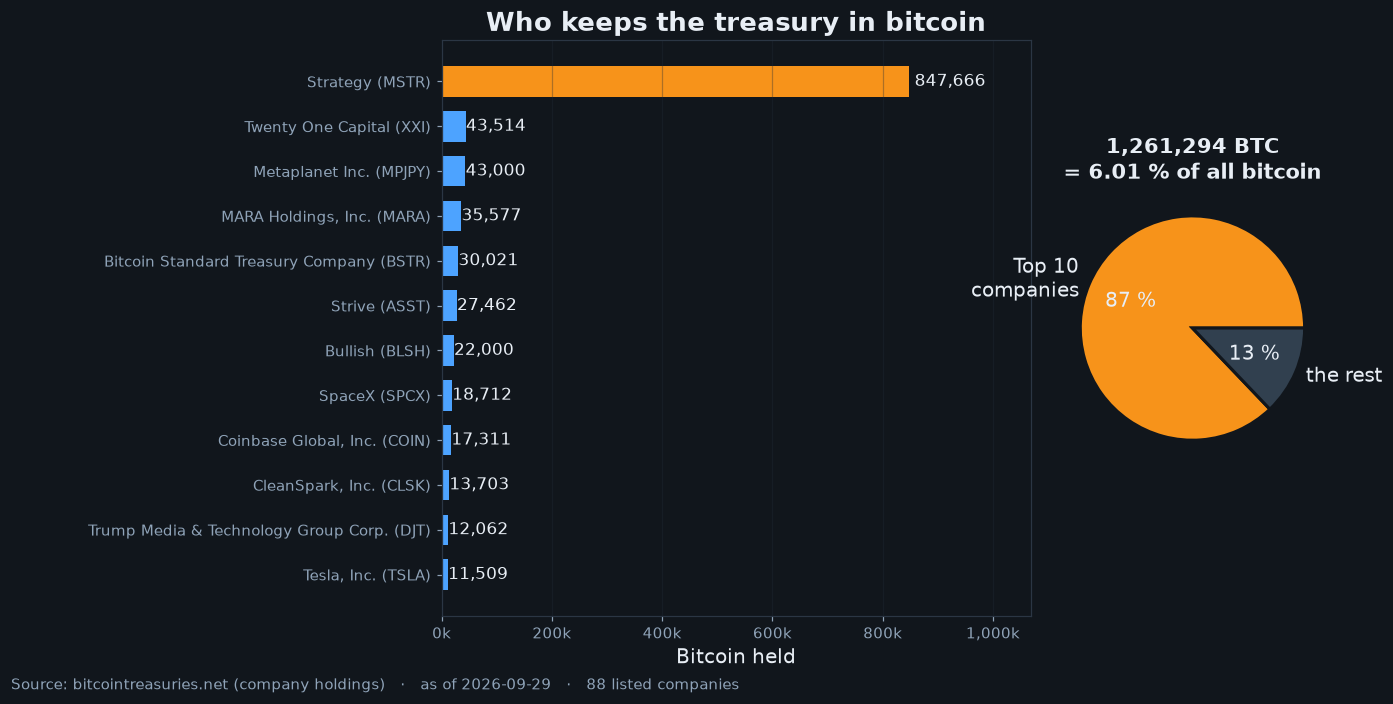Who holds the coins. The twelve largest publicly traded bitcoin holders and the share of the total held by the top ten. Own chart, bitcointreasuries.net.