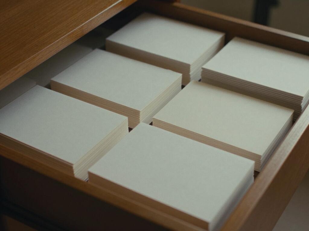 An open drawer of blank paper sheets and index cards in careful order.