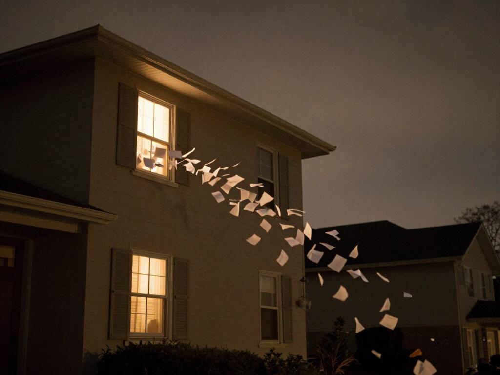 A lit suburban house at night, a stream of glowing documents pouring from one window into the sky.